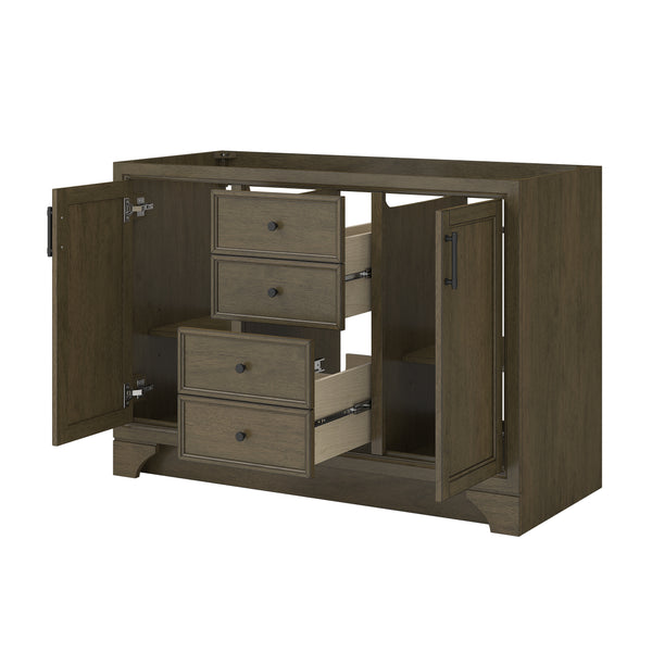A wooden cabinet with three center drawers partially open and two side doors open to reveal interior storage compartments, all set against a white background.