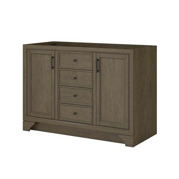 A wooden cabinet with a natural finish, featuring two doors on each side and four central drawers, each with black handles and knobs. The cabinet has a simple, classic design with a flat top.
