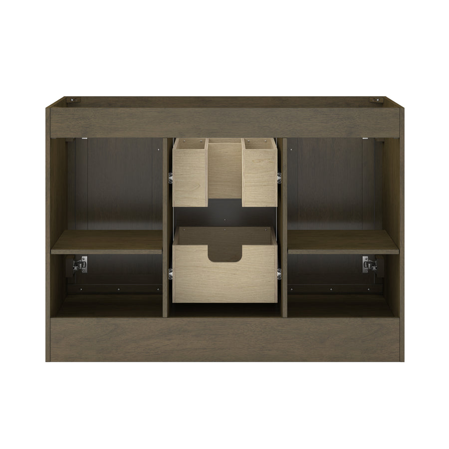 A wooden cabinet with an open back, two shelves on each side, and three light-colored storage boxes in the center section. The overall design is modern and functional.