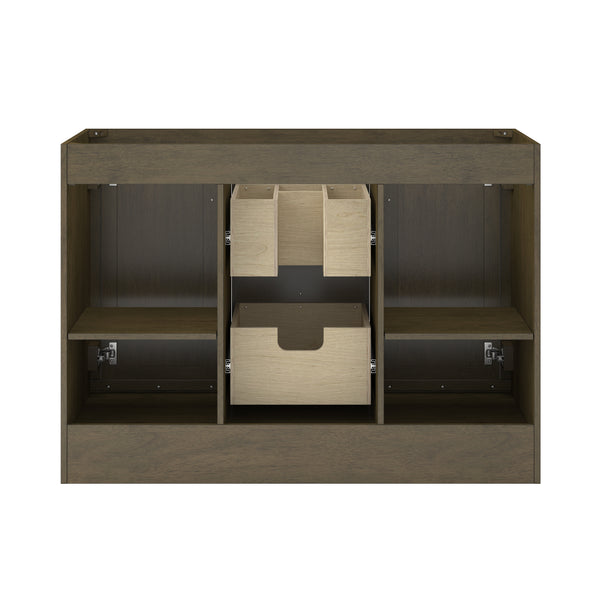 A wooden cabinet with an open back, two shelves on each side, and three light-colored storage boxes in the center section. The overall design is modern and functional.