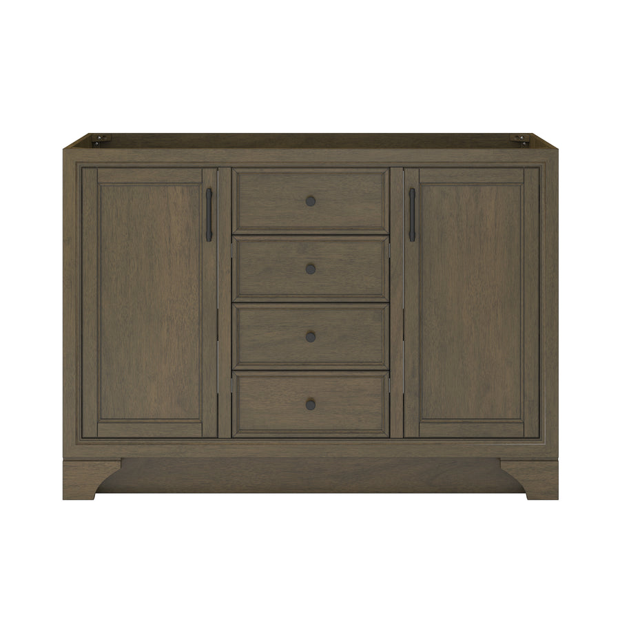A wooden cabinet with a brown finish, featuring two side doors and four central drawers with round knobs, viewed from the front against a white background.