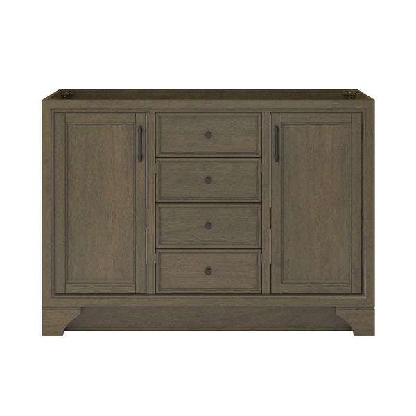 A wooden cabinet with a brown finish, featuring two side doors and four central drawers with round knobs, viewed from the front against a white background.