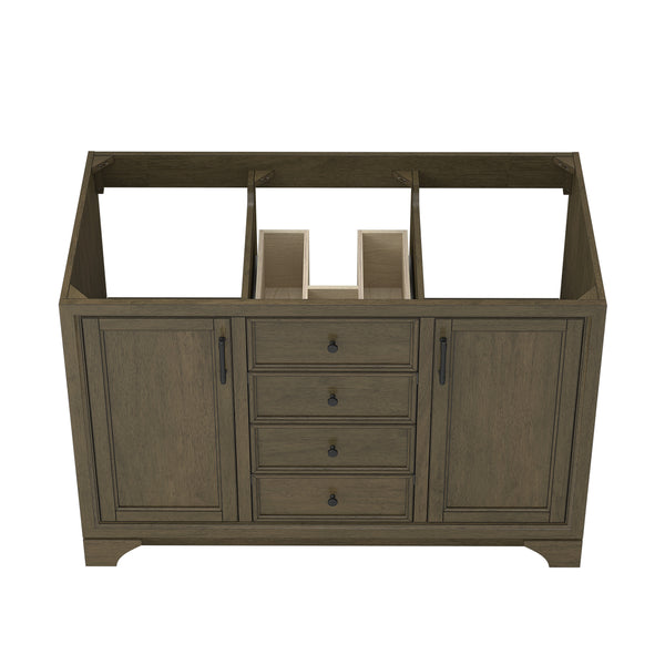A wooden bathroom vanity cabinet with two side doors, four center drawers, and open compartments designed for plumbing fixtures, shown without a countertop or sink.