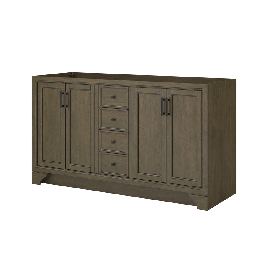 A wooden sideboard with a brown finish features four central drawers and two cabinets on either side, each with double doors and black handles, set against a white background.