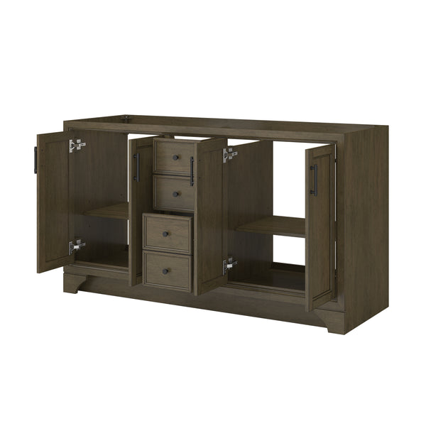 A brown wooden cabinet with open doors.