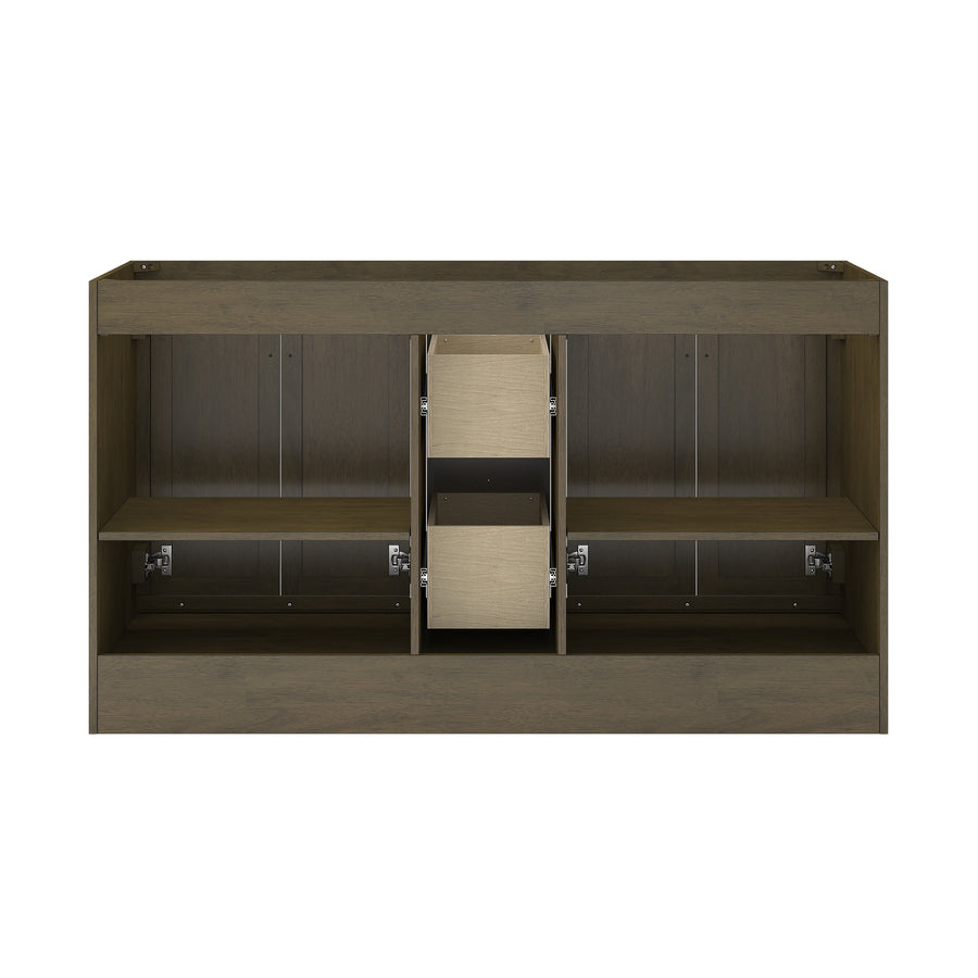 A wooden sideboard or TV stand with two open shelves on each side and two central drawers, shown empty and facing forward against a white background.