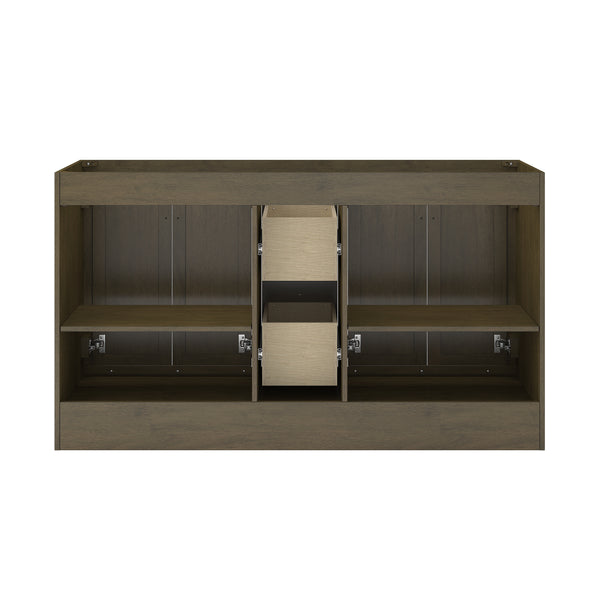 A wooden sideboard or TV stand with two open shelves on each side and two central drawers, shown empty and facing forward against a white background.