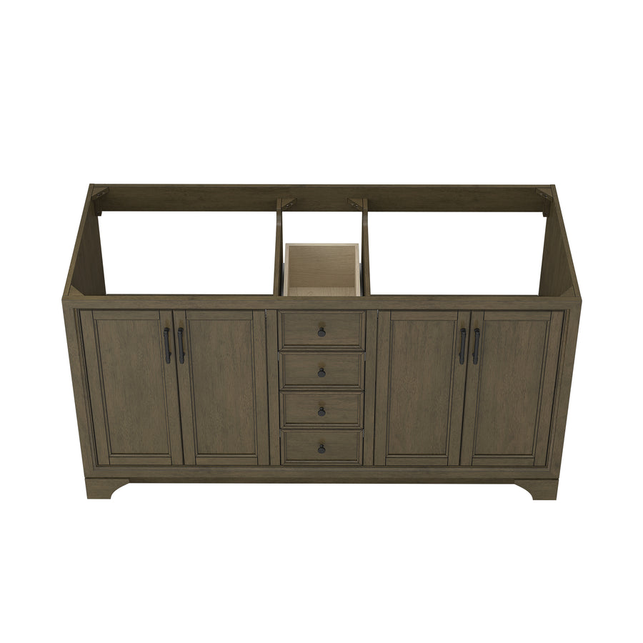 A wooden bathroom vanity cabinet with four central drawers and two cabinet doors on each side, shown without a countertop or sink, against a white background.