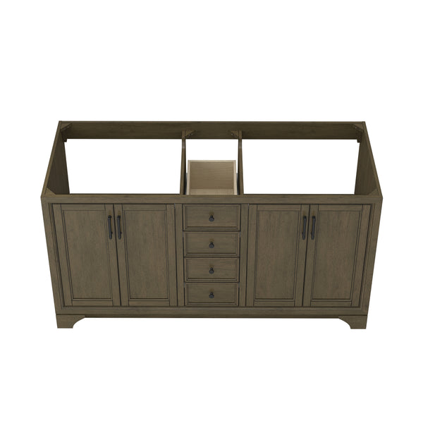 A wooden bathroom vanity cabinet with four central drawers and two cabinet doors on each side, shown without a countertop or sink, against a white background.