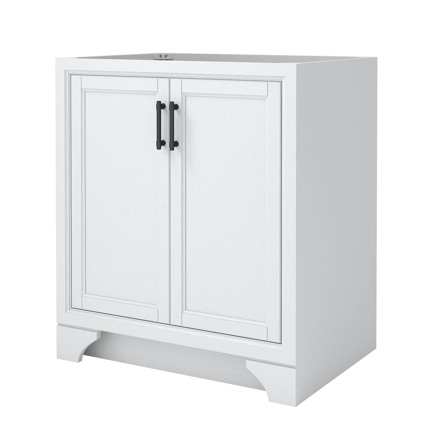 White bathroom vanity cabinet with two paneled doors, black handles, and a recessed toe kick. The cabinet has a flat top surface and a simple, modern design. No countertop or sink is installed.