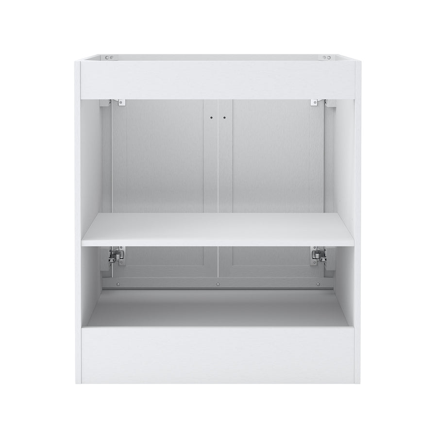 A white, open cabinet with a fold-down middle shelf and an empty lower compartment, photographed against a plain white background.