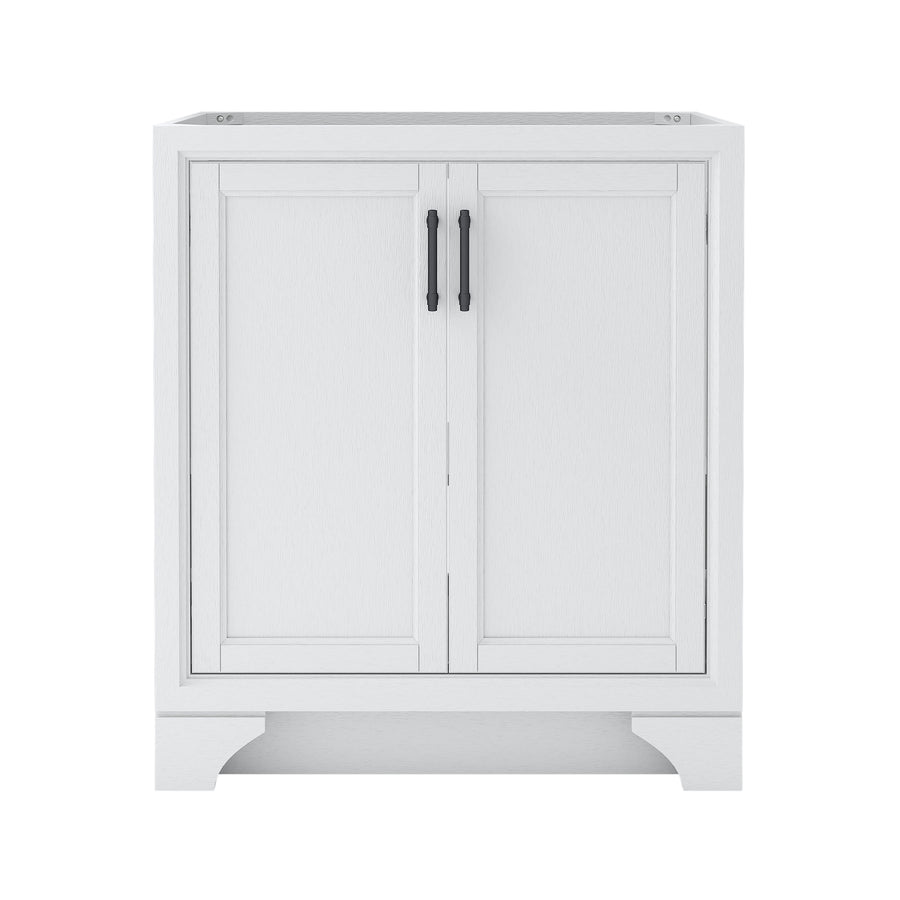 A white bathroom vanity cabinet with two paneled doors and black handles, featuring a recessed base and simple, modern design. The top surface is flat and unfinished, ready for installation of a sink.