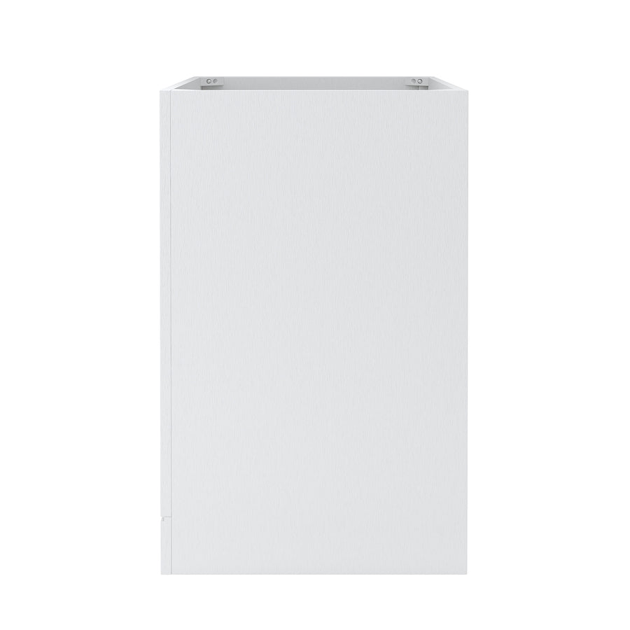 A plain, rectangular, white cabinet box without doors or a top, viewed from the front against a white background.