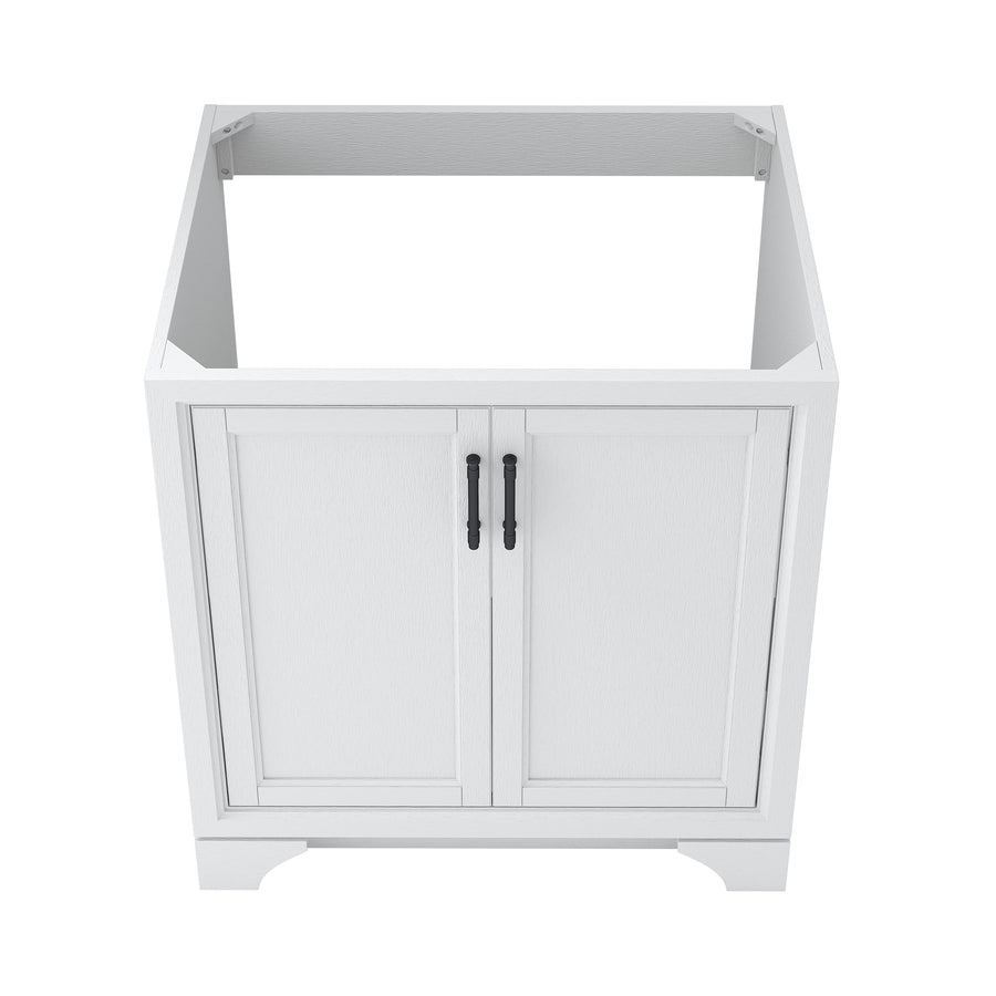 A white bathroom vanity cabinet with two paneled doors and black handles, shown without a countertop or sink, viewed from a slightly elevated front angle.