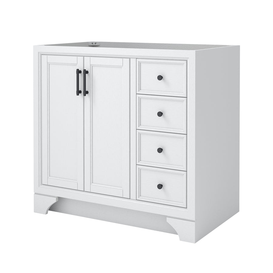 White bathroom vanity cabinet with four drawers on the right, two doors with black handles on the left, and no countertop or sink. The cabinet has a simple, modern design and sits on short legs.