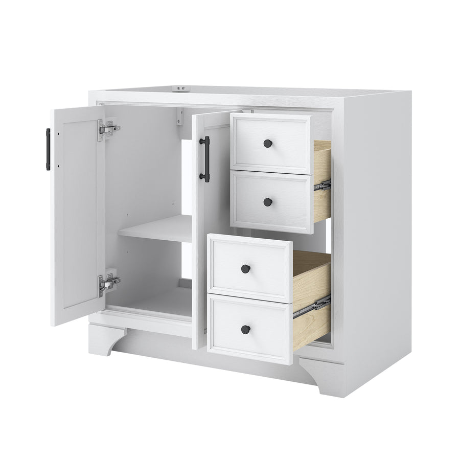 A white cabinet with three drawers on the right side, two of which are partially open, and a door on the left side revealing two shelves inside. The cabinet has black handles and a simple design.
