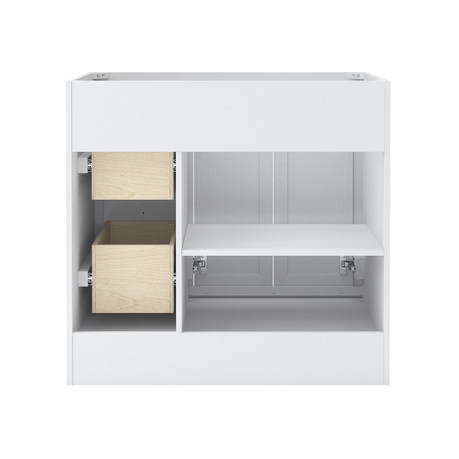 A white cabinet with two light wood drawers on the left and an open shelf with a door on the right. The cabinet is photographed from the front against a plain white background.