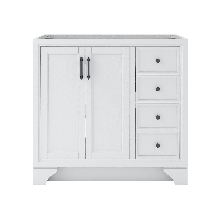 White bathroom vanity with two paneled doors featuring black handles on the left and four drawers with round black knobs on the right, set against a plain background.
