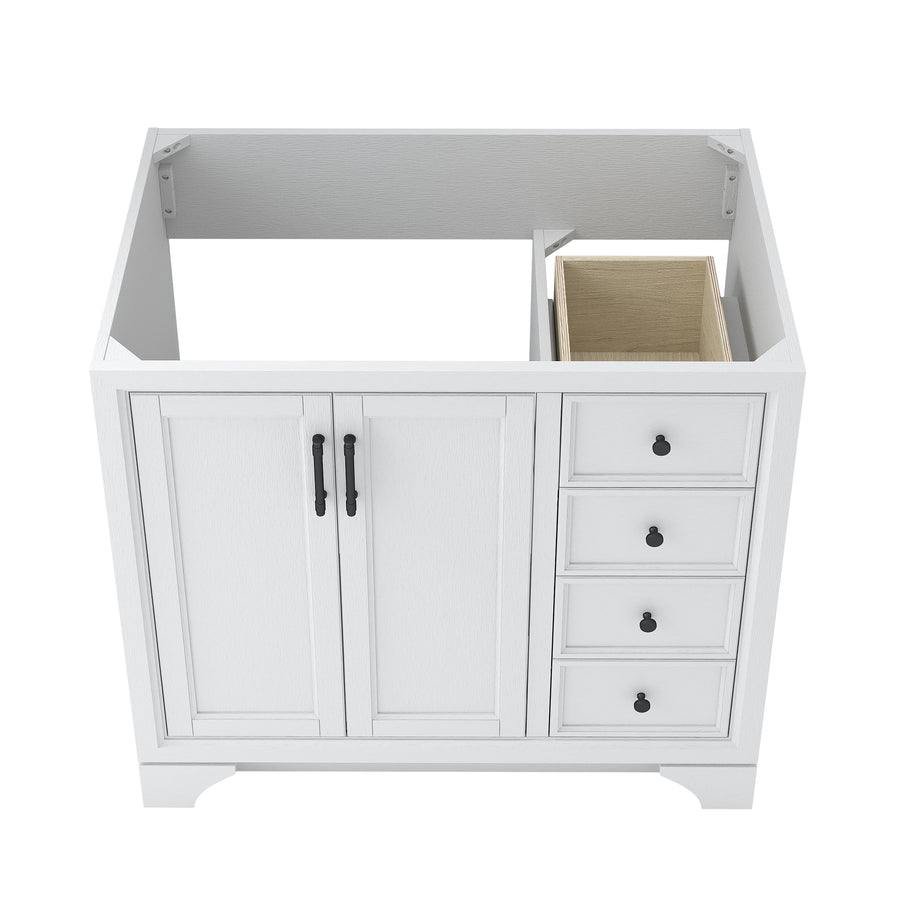 A white bathroom vanity cabinet with two doors on the left and four drawers on the right; the top is open with an exposed section, showing the frame and one internal wooden compartment.