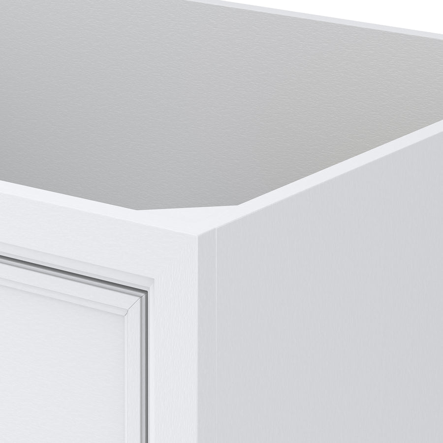 A close-up view of the top corner of a white, rectangular cabinet or box with smooth, textured surfaces and sharp edges.