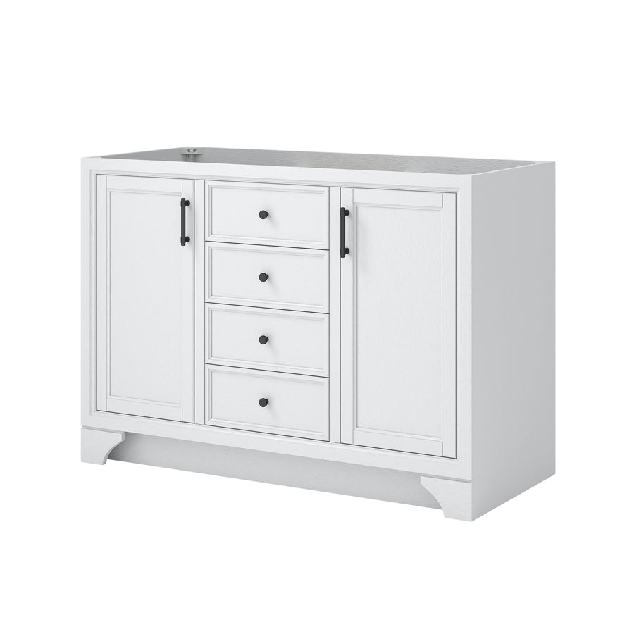 A white bathroom vanity cabinet with two side doors and four central drawers, featuring black handles and a flat top surface.