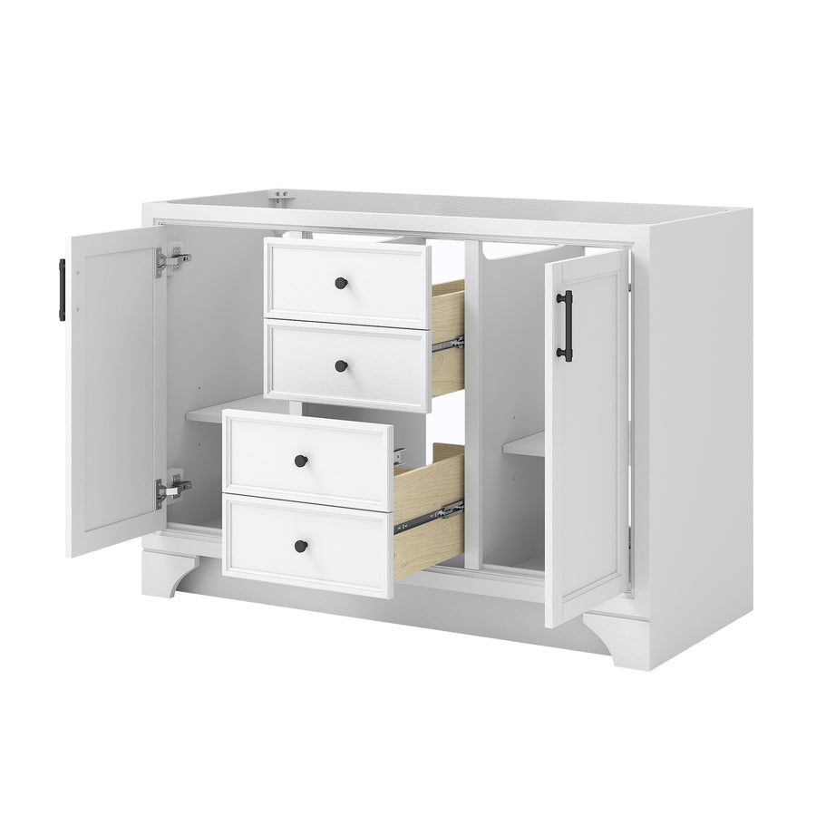 A white wooden cabinet with two open doors and three drawers in the center, showing additional shelves and storage space inside. The drawers are partially pulled out, revealing light wood interiors.