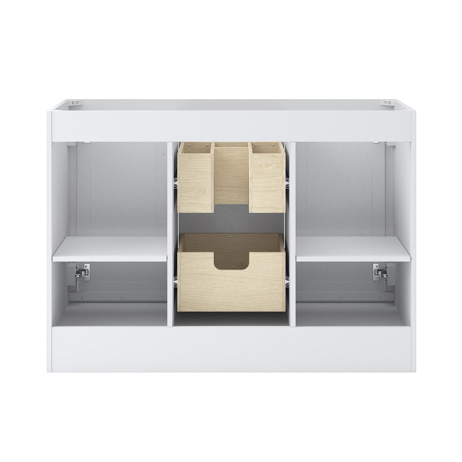 A white cabinet with open shelves, featuring three light wood pull-out drawers in the center and two adjustable shelves on each side. The cabinet is empty and viewed from the front.
