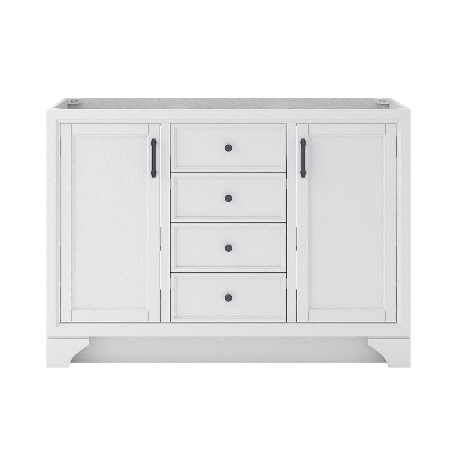 A white bathroom vanity cabinet with two doors on each side, four central drawers with black knobs, and black handles on the doors, set against a plain background.