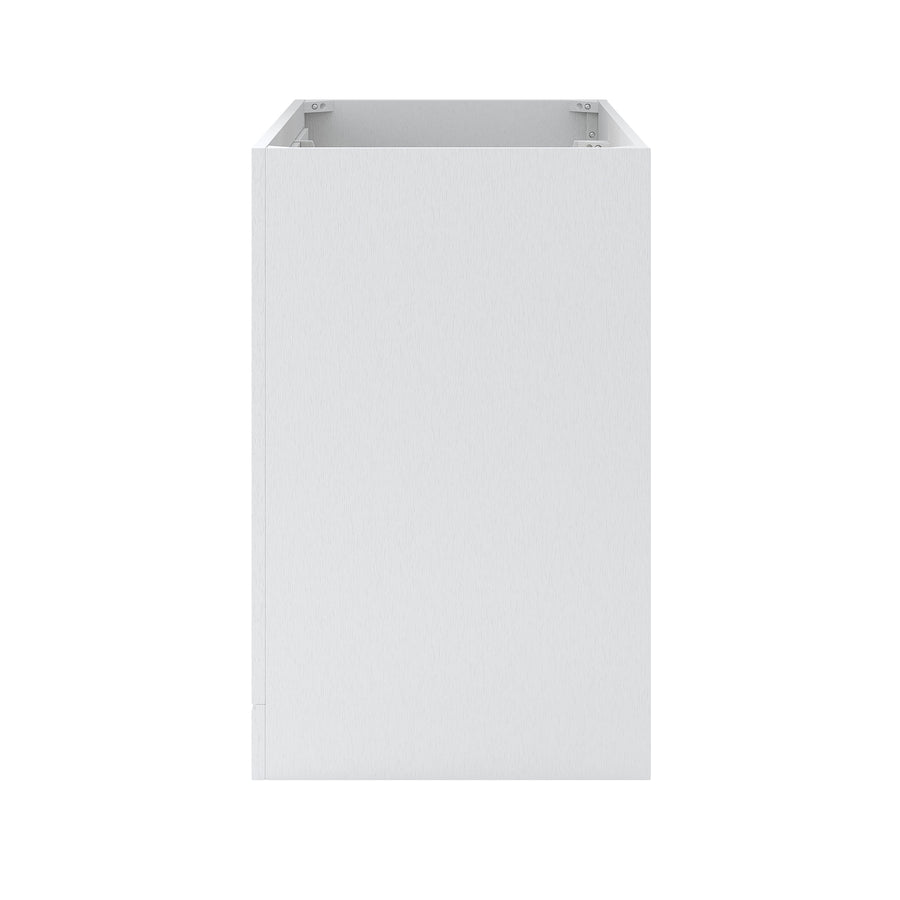 A plain, white, rectangular cabinet or drawer unit viewed from the front, with an open top and no visible handles or shelves.