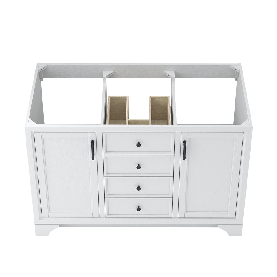 White bathroom vanity cabinet with two side doors, four central drawers, and open space on top, viewed from above. The cabinet is empty and has modern black handles on the doors and drawers.