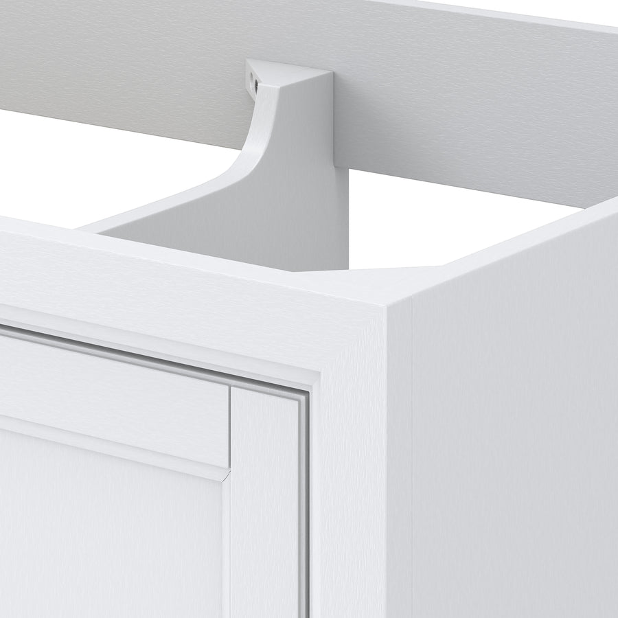 Close-up of the top corner of a white cabinet, showing an angled support bracket inside connecting the back and side panels for added stability. The cabinet has a clean, modern design.