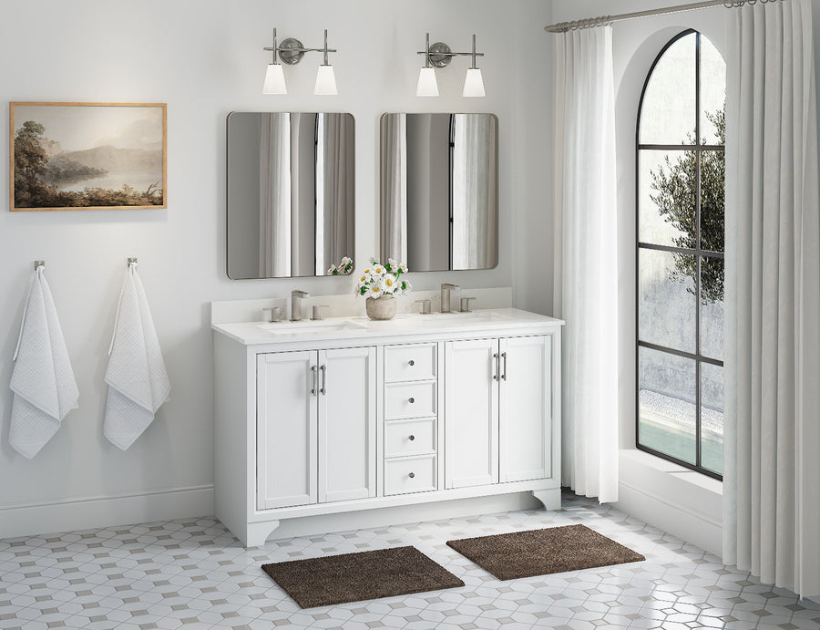 Bright bathroom with a Lanagan 60" Vanity featuring double sinks, two mirrors, wall lights, brown rugs, a large arched window with white curtains, two towels, and a landscape painting on the wall.
