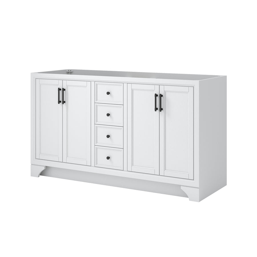 A white bathroom vanity cabinet with four central drawers and two double-door cabinets on each side, featuring black handles and a flat top surface.