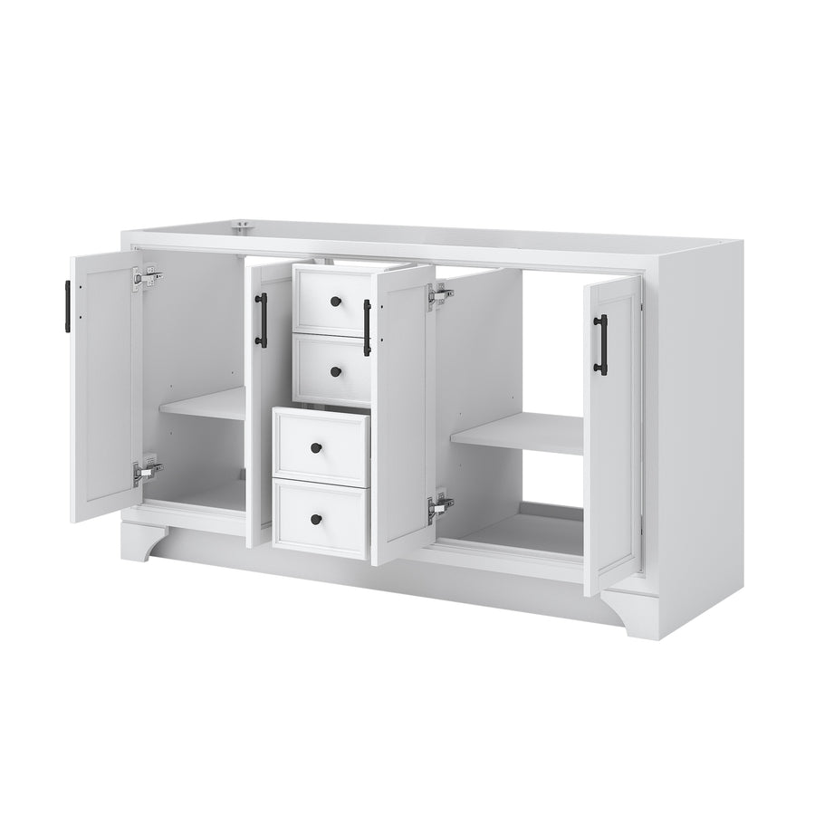 A white sideboard cabinet with four drawers in the center and two doors on each side, all open to reveal shelves and storage space inside. The cabinet has black handles and a clean, modern design.