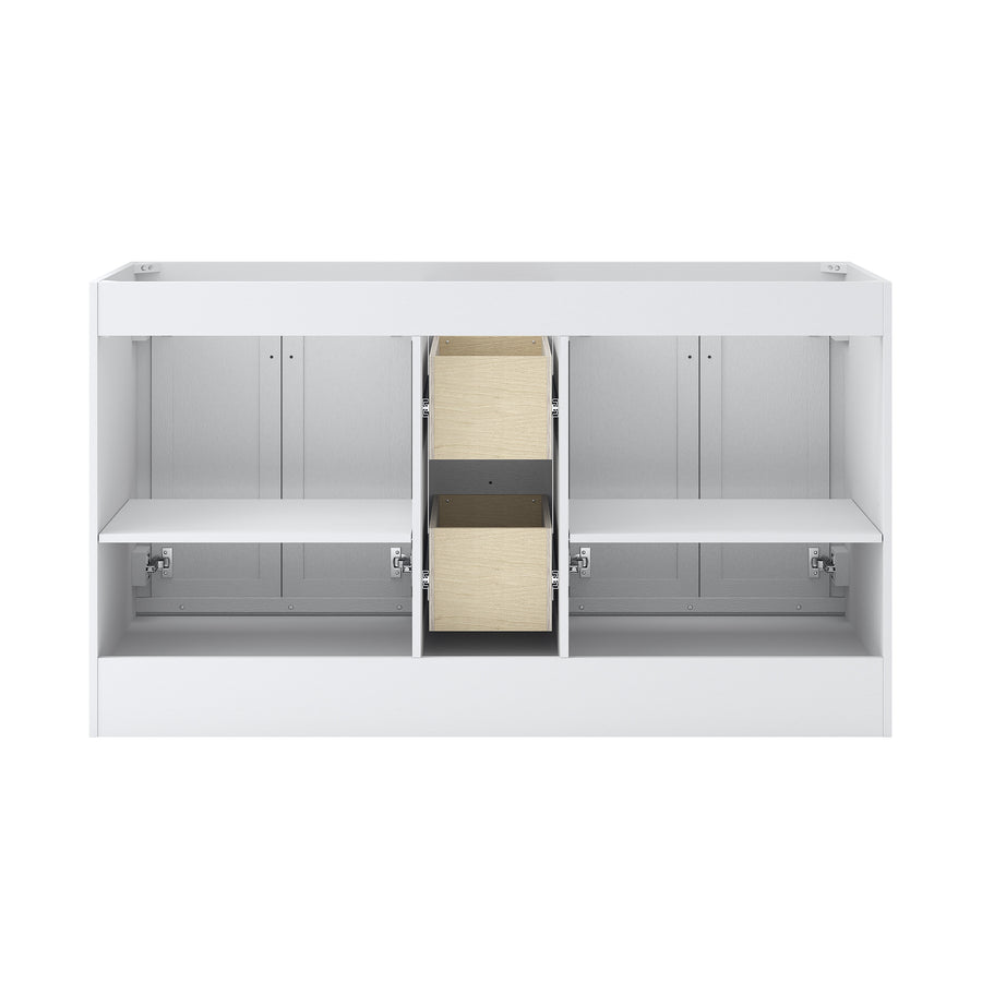 White cabinet with three compartments; the middle section has two light wood pull-out drawers, and the left and right sections each have an adjustable shelf. The cabinet is open, showing the interior layout.