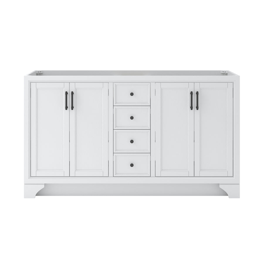 White bathroom vanity cabinet with four center drawers and two double-door cabinets on each side, featuring black handles and a flat top, shown against a plain background.