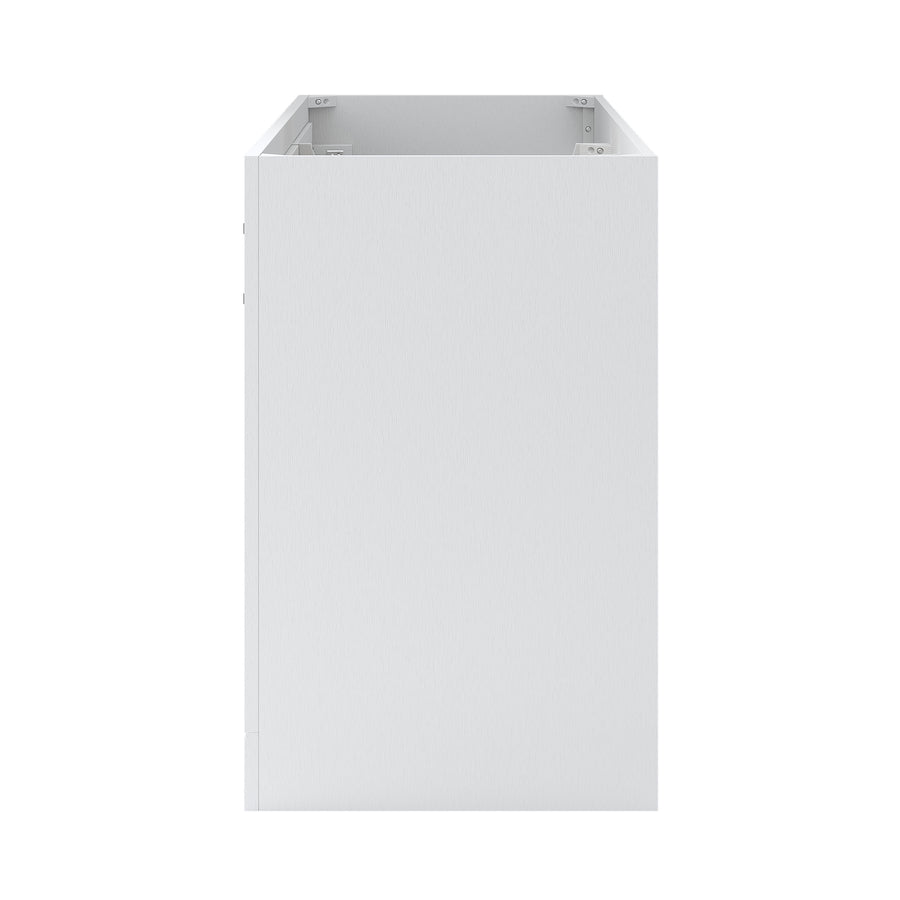A plain, white rectangular cabinet frame viewed from the side, showing an open top and back, with no shelves, doors, or hardware visible.