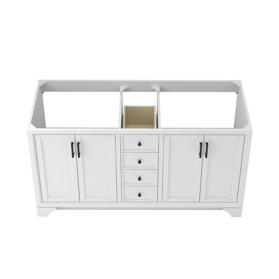 White bathroom vanity cabinet with an open top, four central drawers, and two sets of double doors on each side, featuring black handles and simple, clean lines.