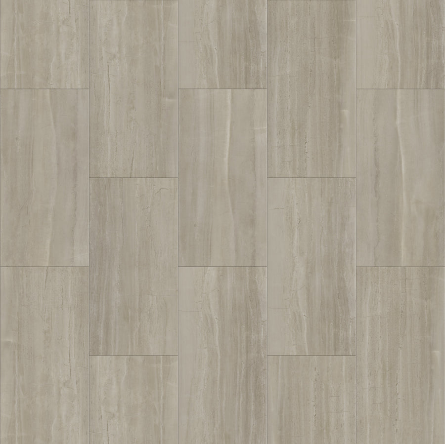 Coretec Plus Tile Luxury Vinyl Tile features rectangular beige and light gray tiles in a staggered pattern with subtle stone-like striations, offering natural style along with the durability and convenience of waterproof flooring.