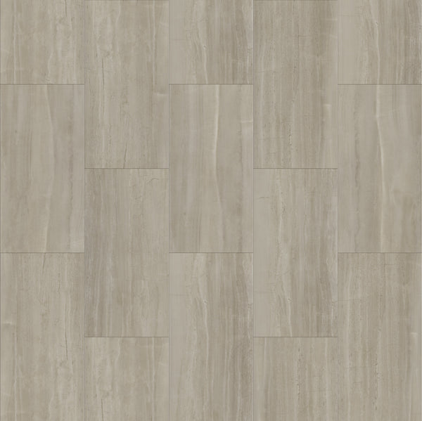 Coretec Plus Tile Luxury Vinyl Tile features rectangular beige and light gray tiles in a staggered pattern with subtle stone-like striations, offering natural style along with the durability and convenience of waterproof flooring.