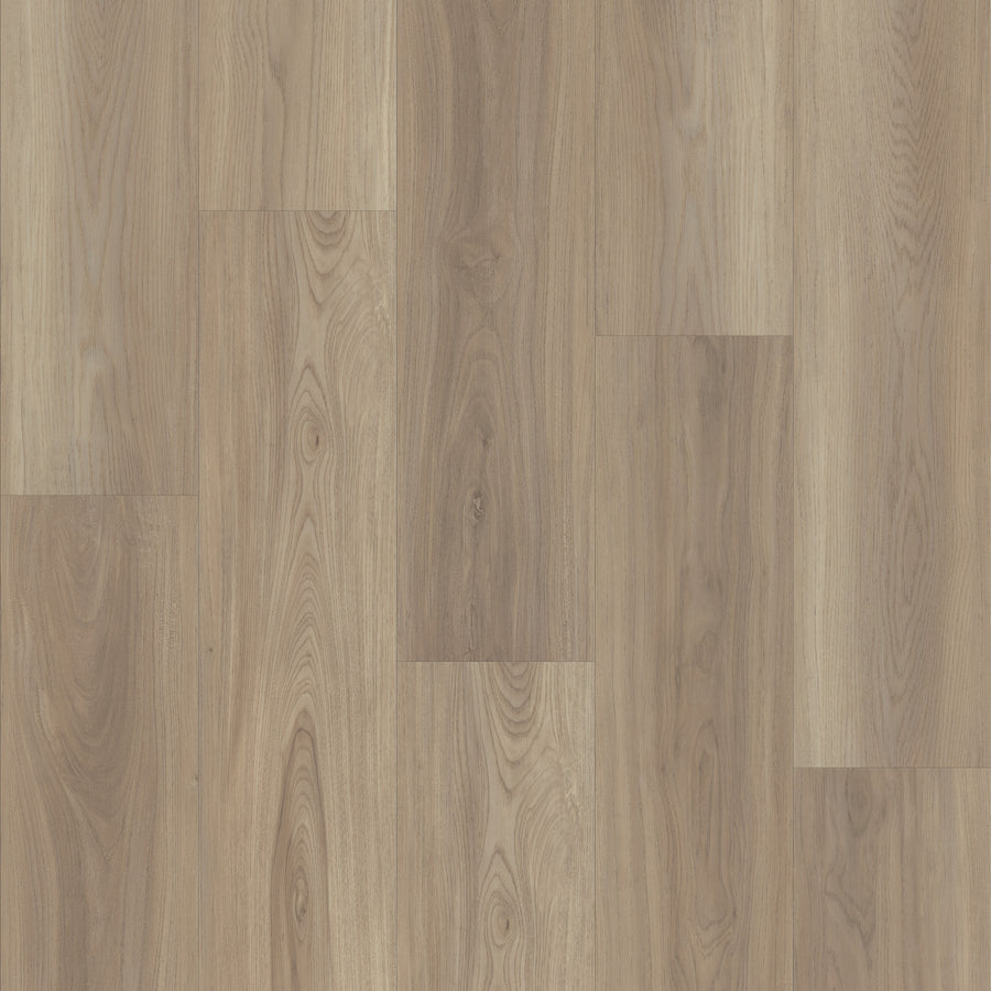Endura 5C Plus 7" Vinyl features light brown wood-look planks with natural grain patterns and knots, arranged in a staggered layout. The smooth, polished surface displays varying beige and tan tones for a realistic appearance.