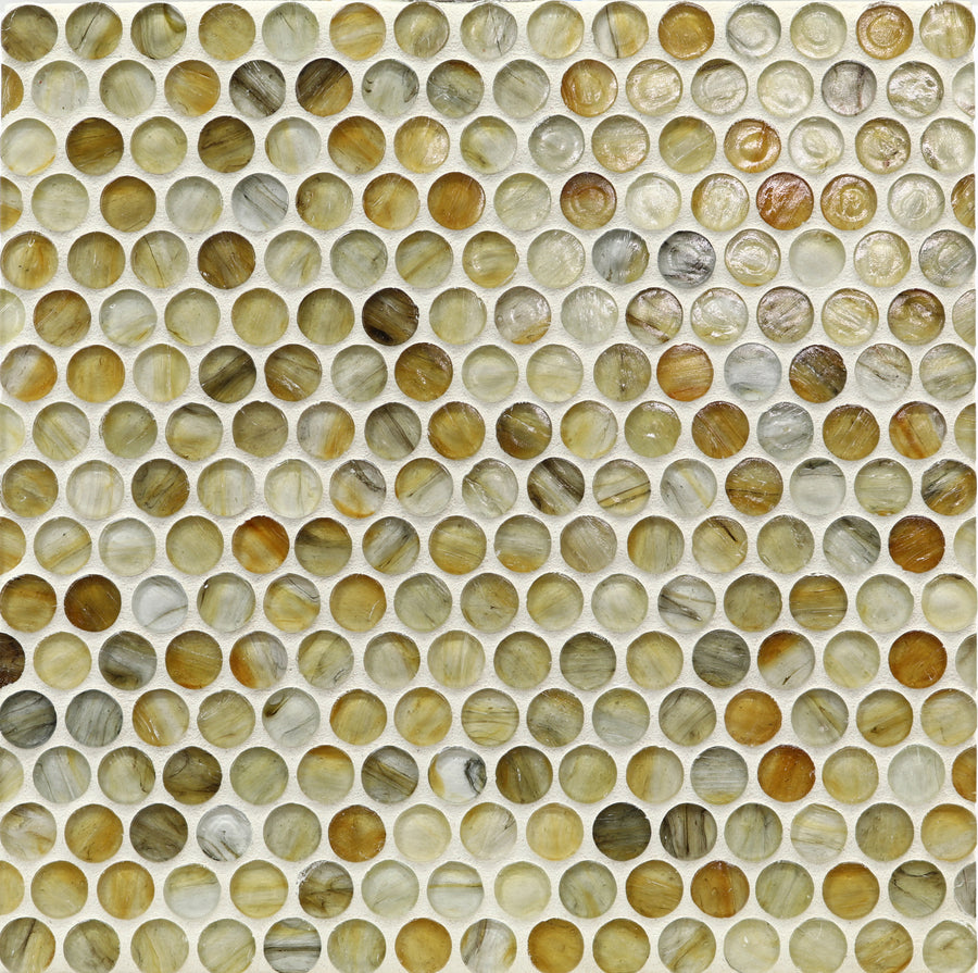 A close-up of Tozen Pennyround Mosaic Tile in Natural, featuring small round tiles arranged in a grid—ideal for accent walls or creating striking bathroom features.