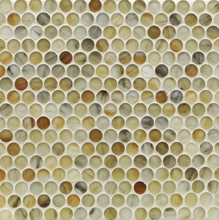 A close-up of the Tozen Pennyround Mosaic Tile in Silk color, featuring small, round tiles with a glossy finish—perfect for accent walls or bathroom features.