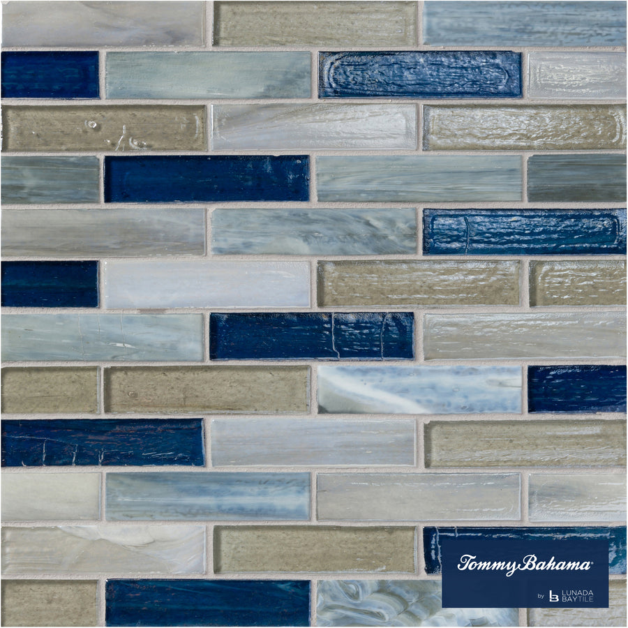 Motuo Mix Tommy Bahama 0.85 sf/sh Brick Ceramic Tile features a staggered pattern with blue, gray, and beige tones, labeled by United Tile and Bay Tile in the bottom right corner.