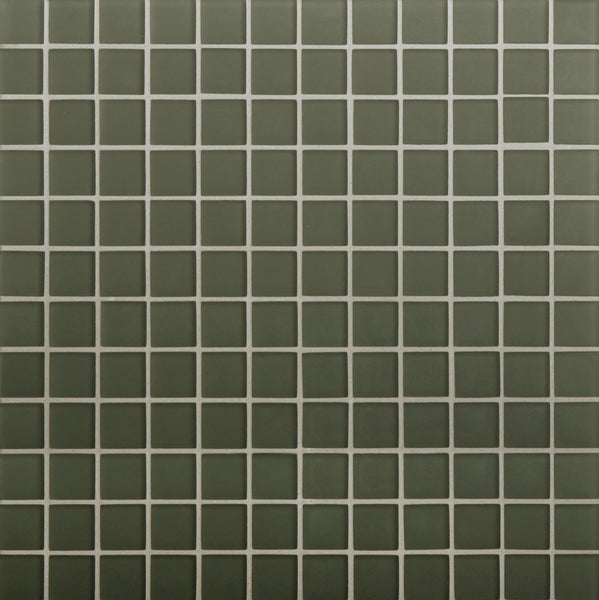 Tomei Mosaic Tile in Silk features a grid of dark green tiles with white grout lines, creating a uniform pattern ideal for contemporary design aesthetics.