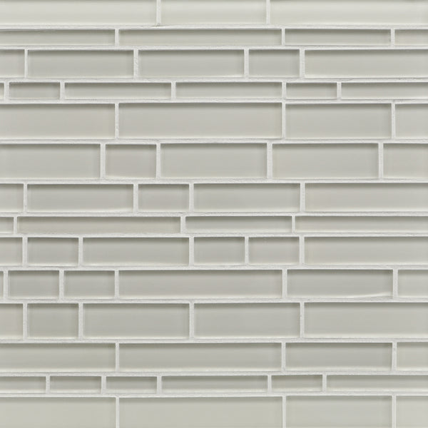 A close-up of a wall featuring Tomei Falling Water Mosaic Tile in Natural, arranged in a staggered brick pattern with white grout for a clean, modern look.