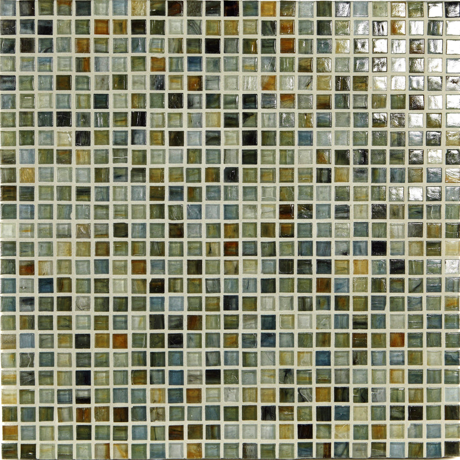 A close-up of the Tozen Mini Mosaic Tile surface in Mini Mosaic color, featuring small square tiles in earthy greens, browns, beiges, and blues arranged in a grid pattern for a modern look.