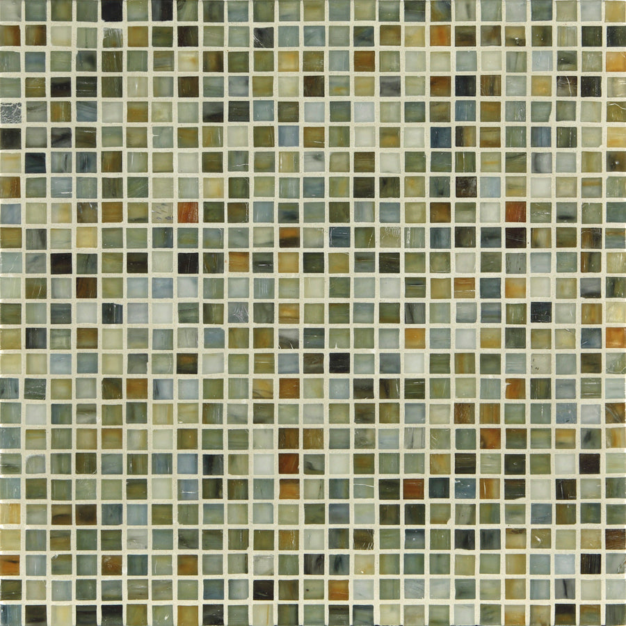 The Tozen Mini Mosaic Tile in Mini Mosaic Silk features small square tiles with a glossy finish and random color distribution, creating a stylish and contemporary grid pattern that showcases its premium quality construction.