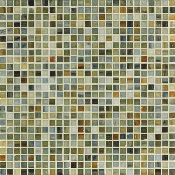 The Tozen Mini Mosaic Tile in Mini Mosaic Silk features small square tiles with a glossy finish and random color distribution, creating a stylish and contemporary grid pattern that showcases its premium quality construction.