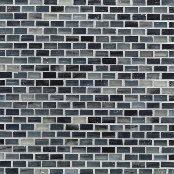 Close-up of a wall covered with Tozen Mini Mosaic Tile in the Mini Brick Silk color, featuring glossy, slightly marbled tiles arranged in a staggered brick pattern—ideal for premium construction and contemporary design.
